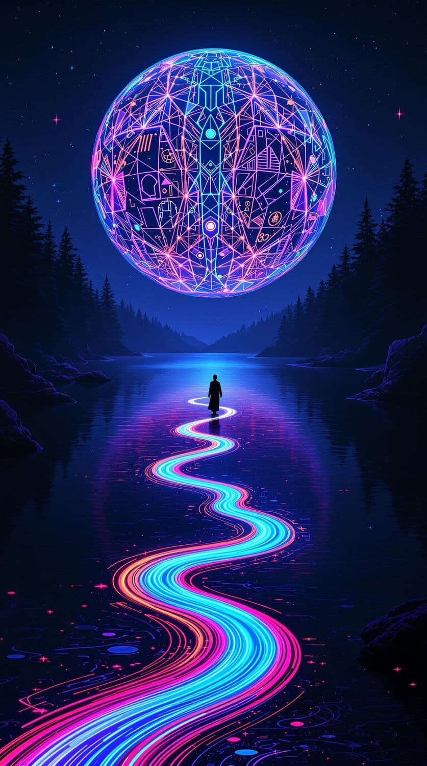 Neon Sphere Over Tranquil Lake