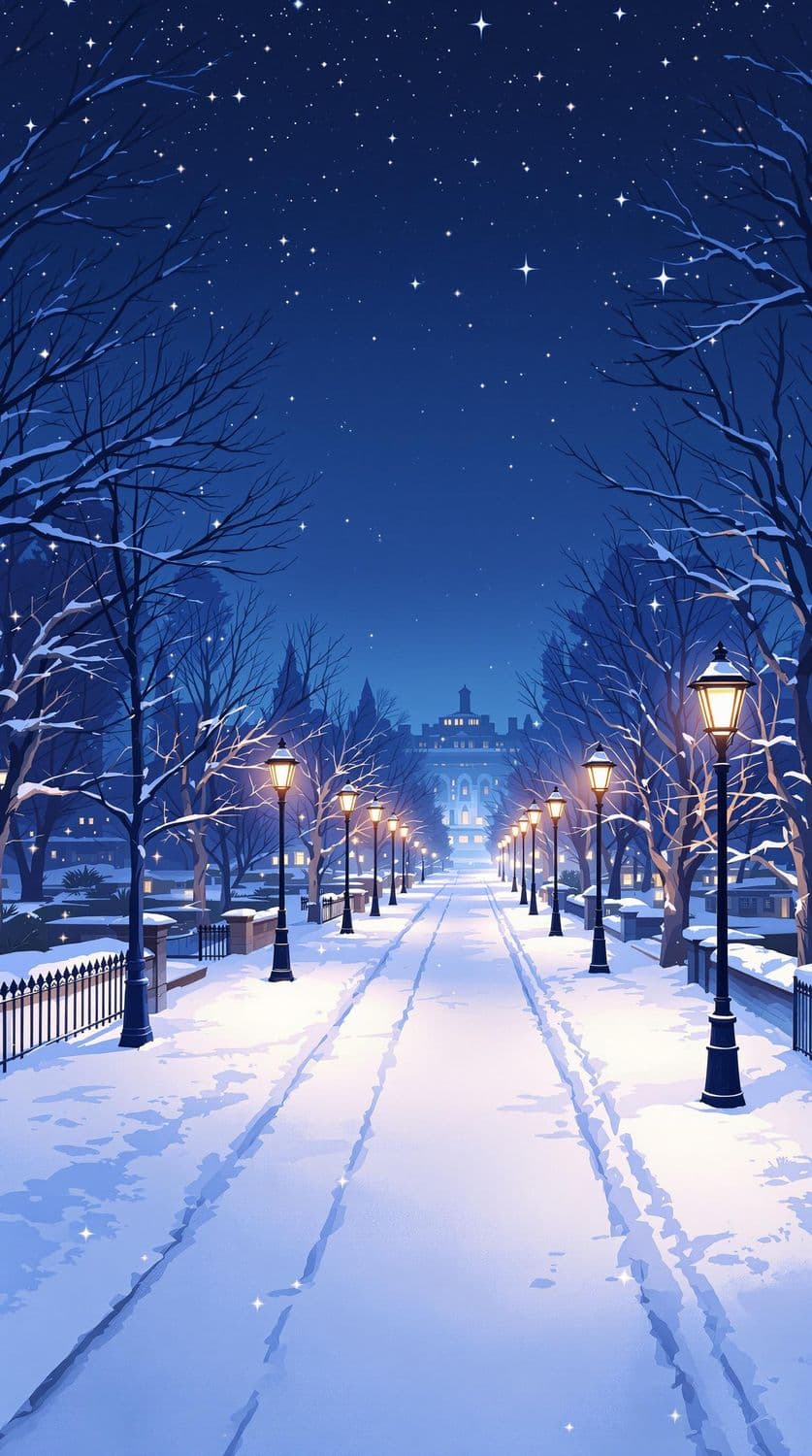 Snowy City Park at Night