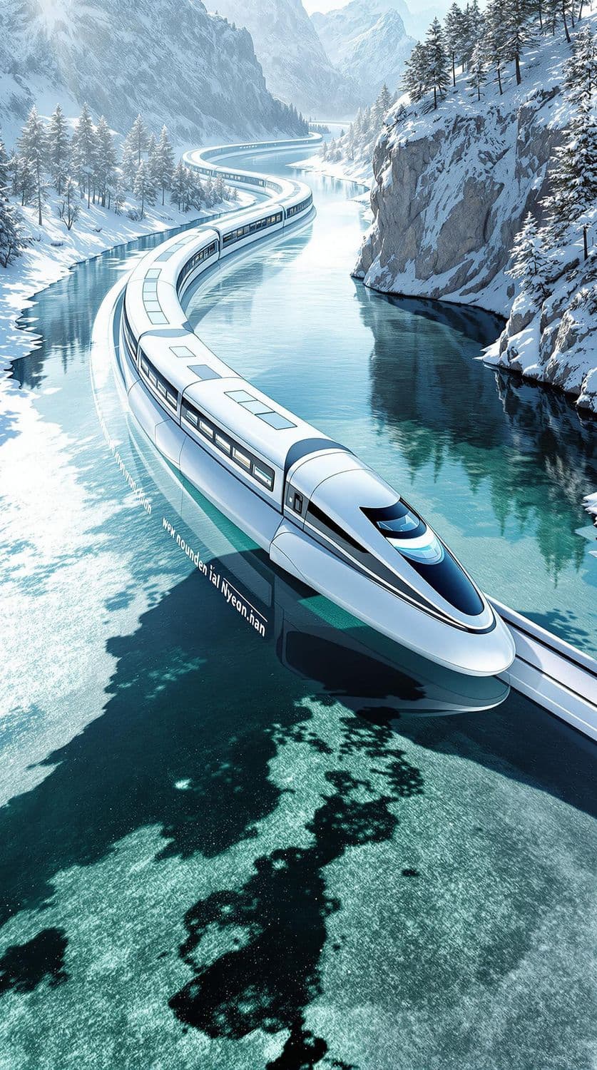 Futuristic Monorail Over Frozen River