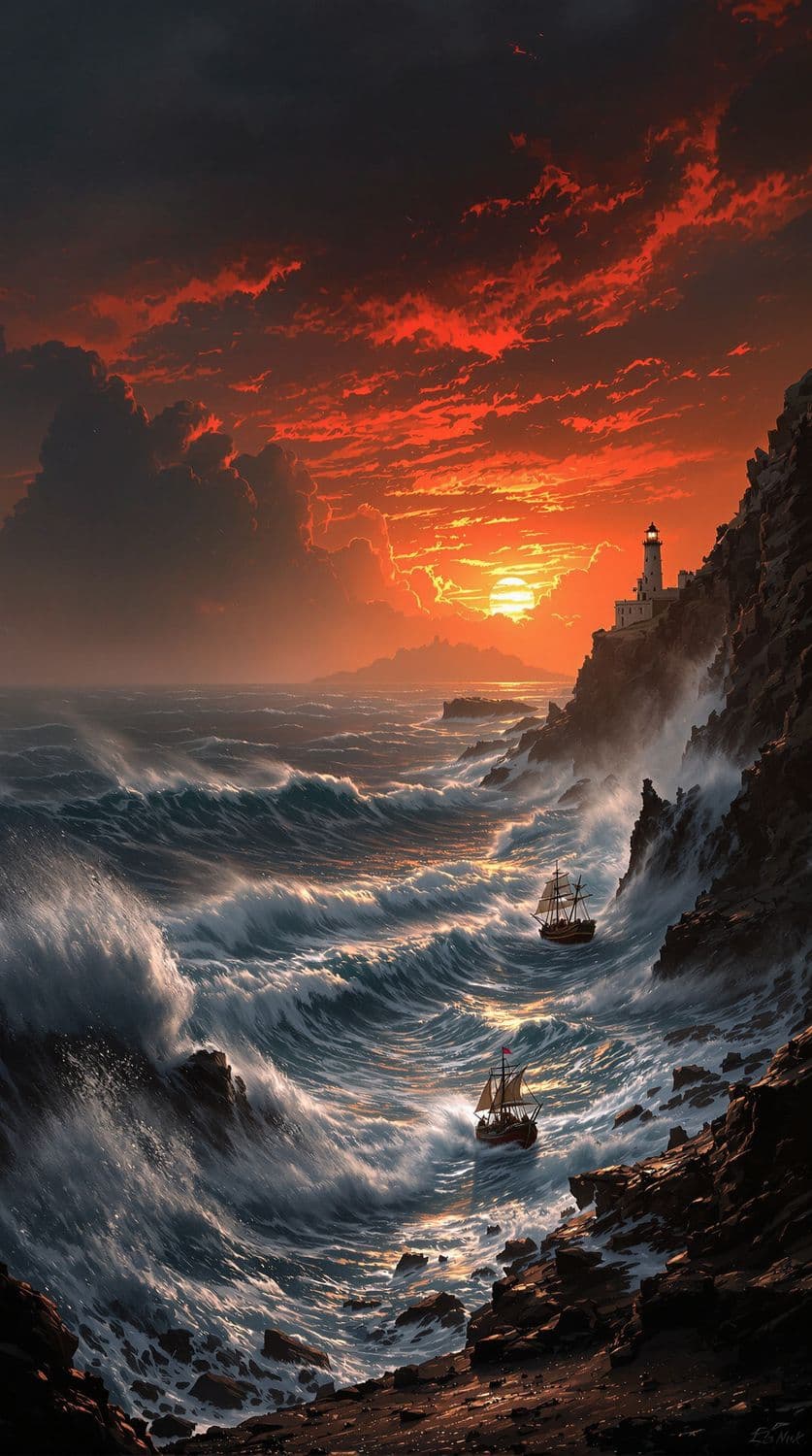 Stormy Sunset over Turbulent Seas