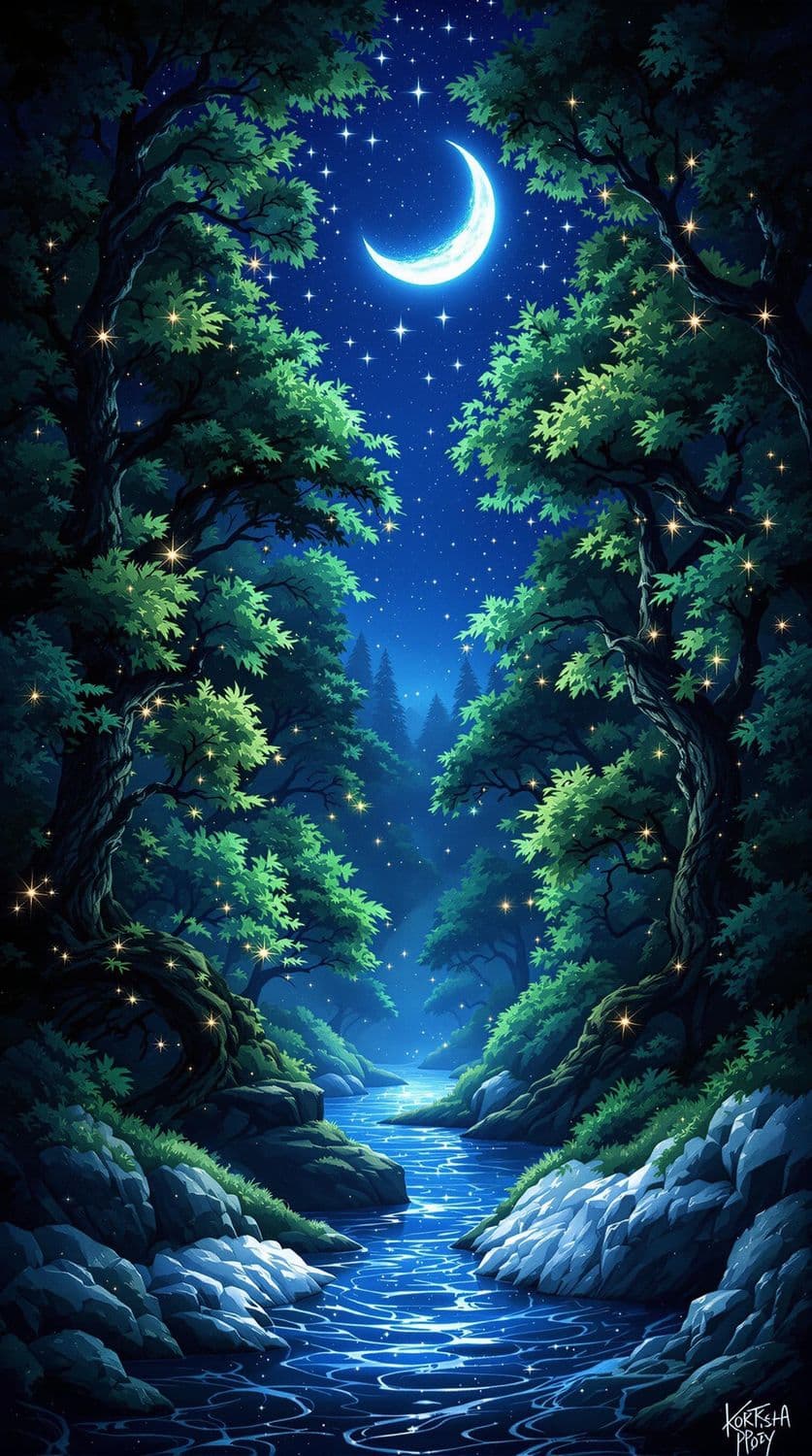 Mystical Forest Under Starry Night