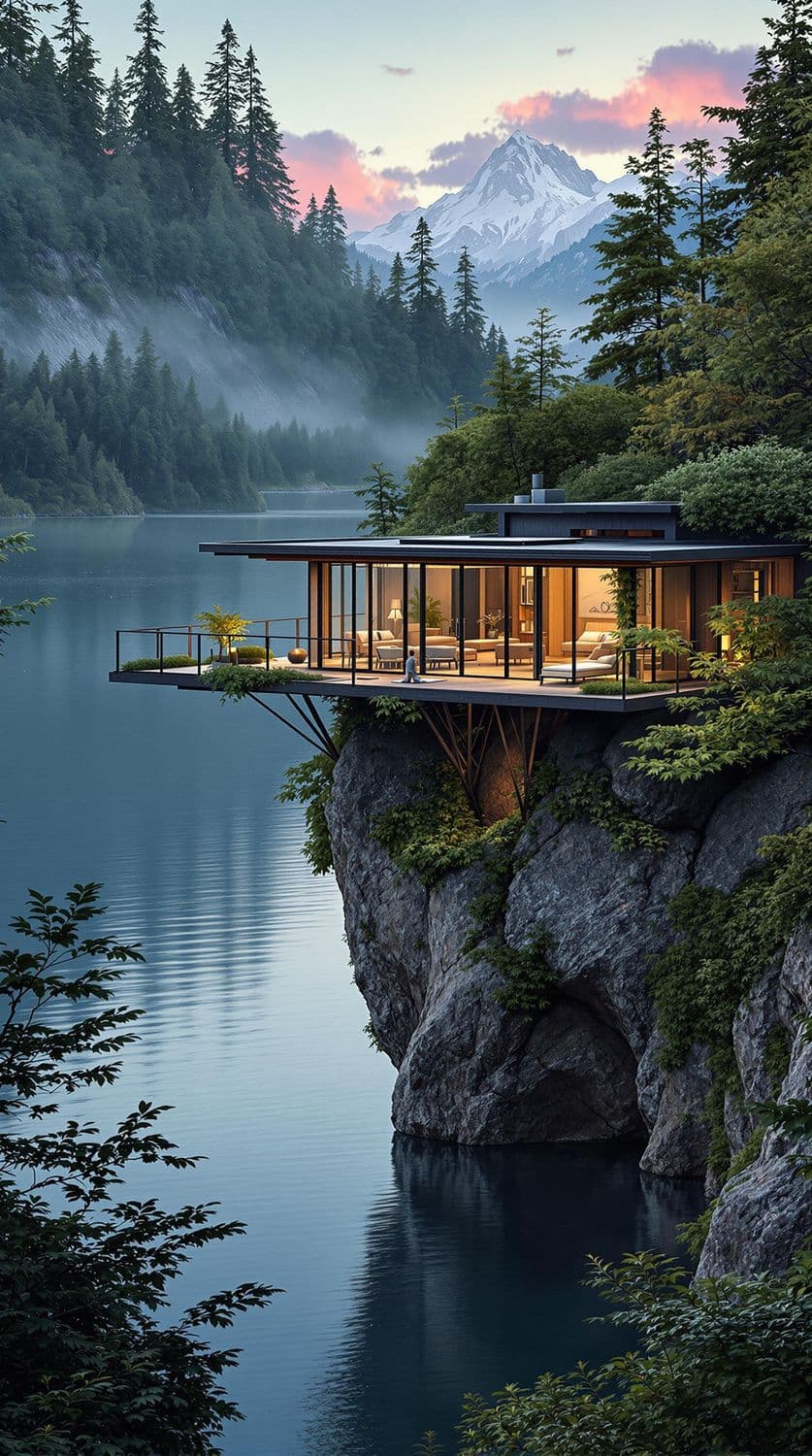 Modern Lakeside Cabin at Twilight