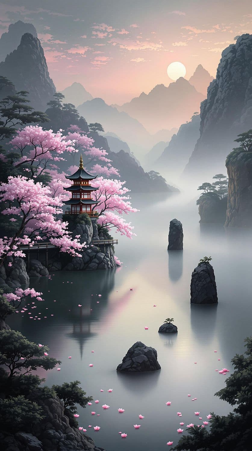 Tranquil Lakeside Pagoda at Sunset