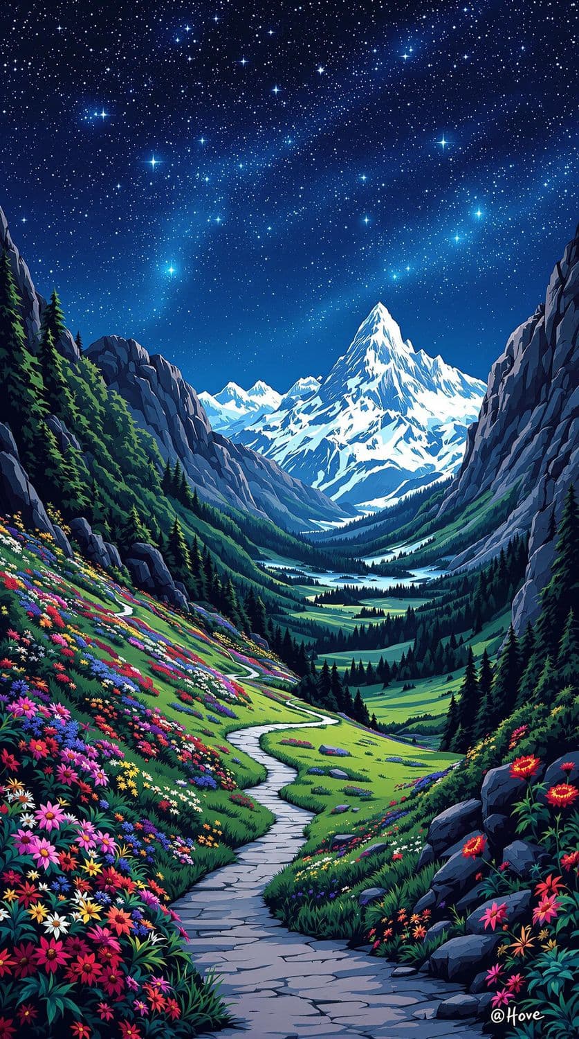 Starlit Peaks and Flowered Path