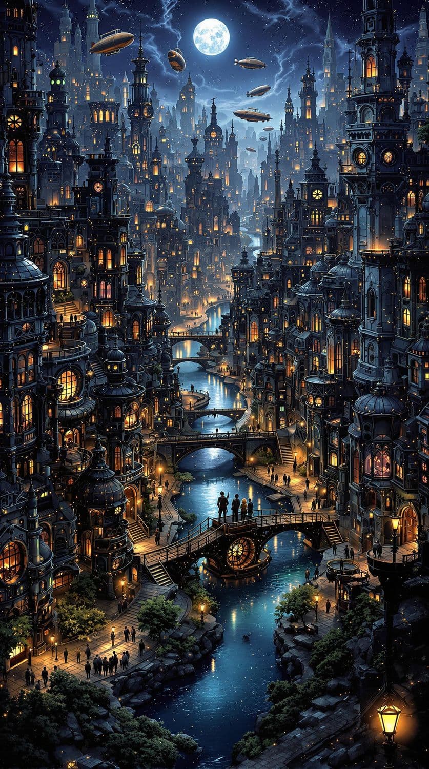 Steampunk Metropolis by Night