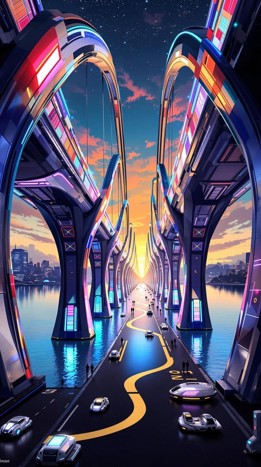 Illuminated Futuristic Bridge at Evening