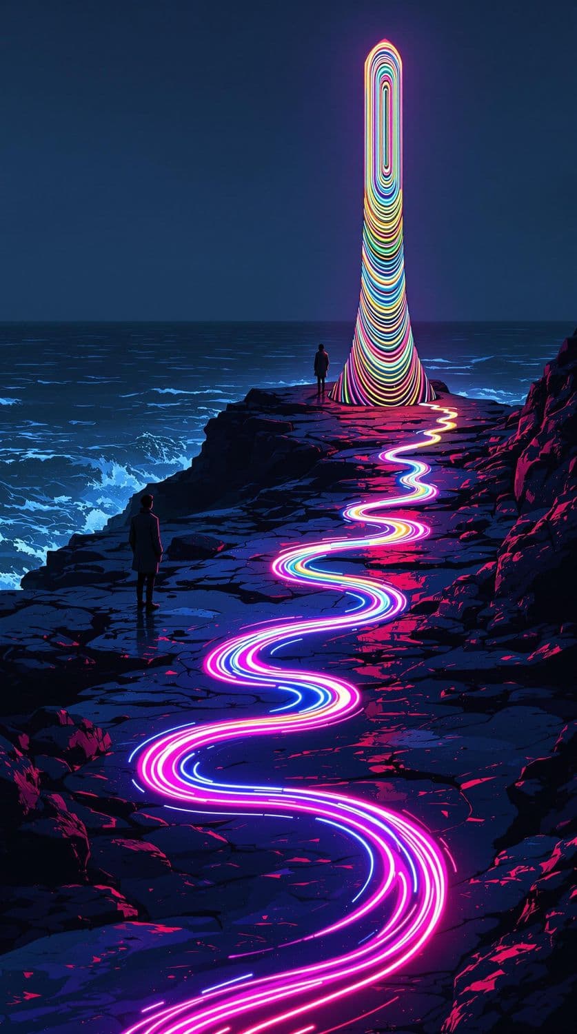 Neon Obelisk by the Ocean