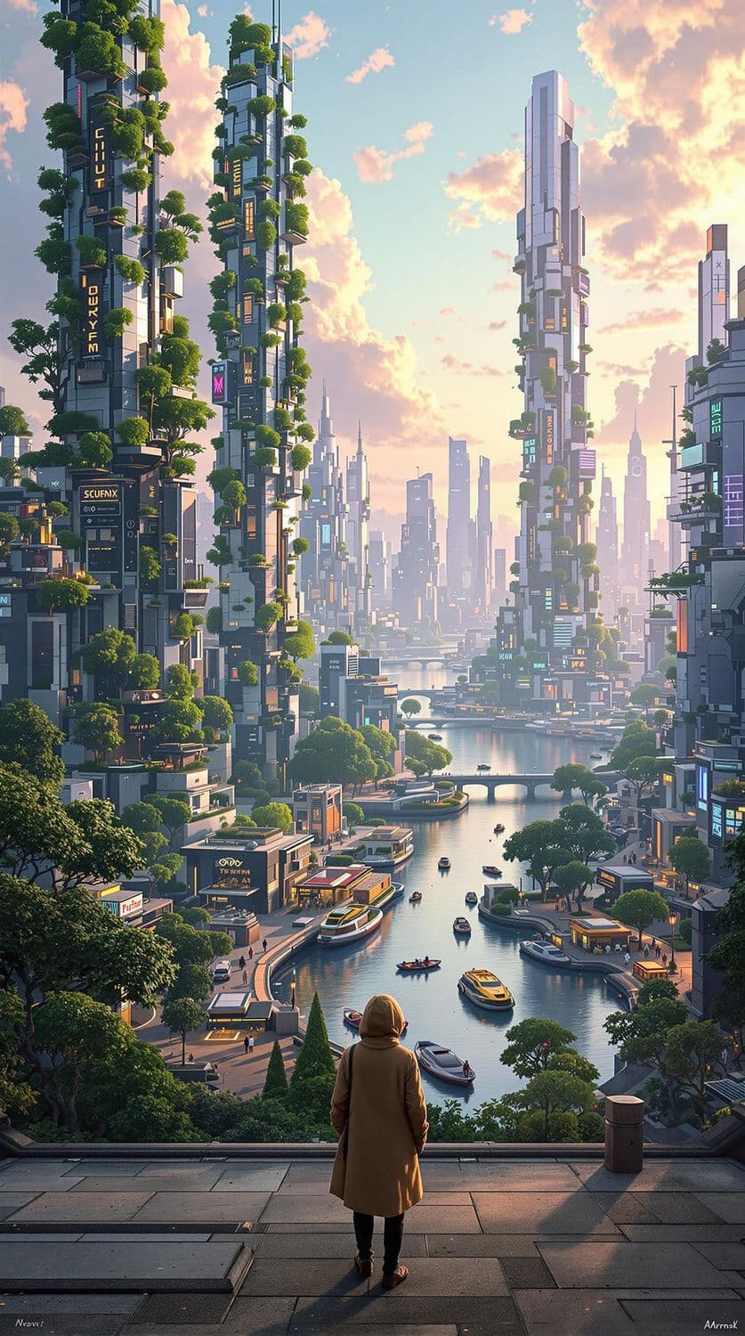 Eco-Tech Harmony at Sunrise