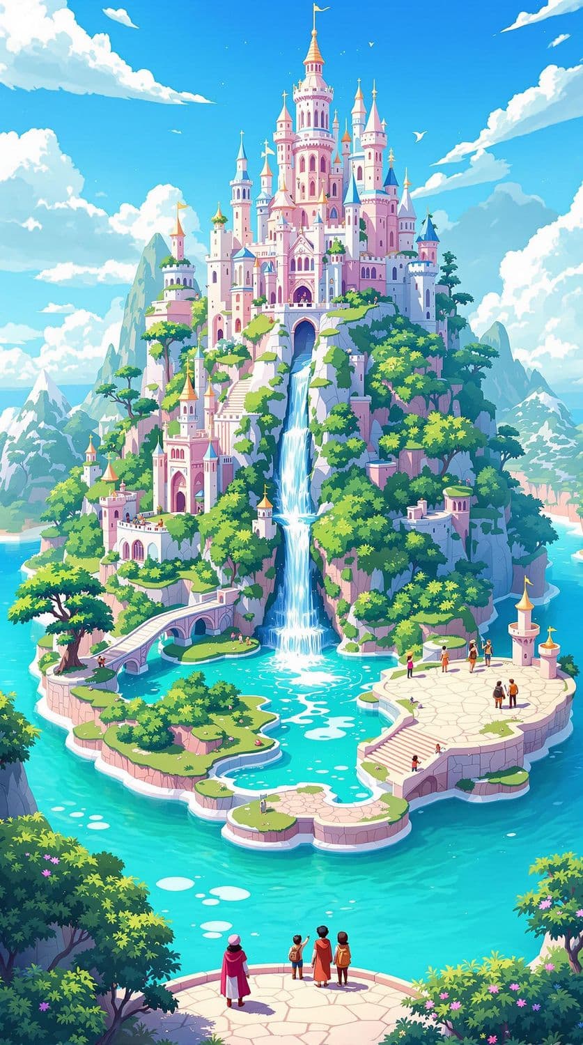 Whimsical Island with Floating Castles