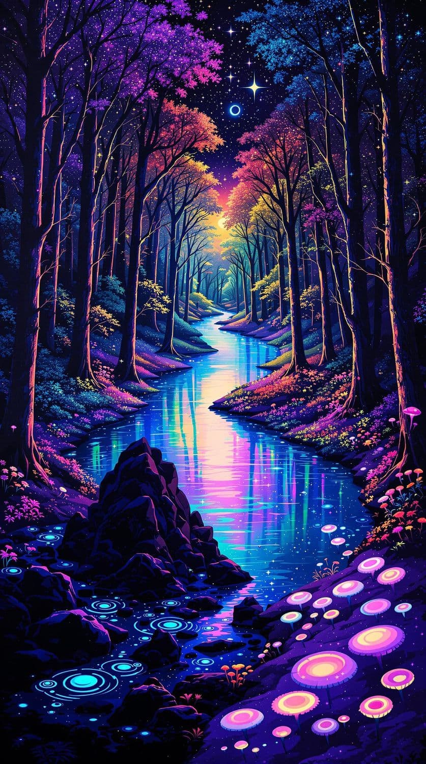 Enchanted Forest Under a Cosmic Sky