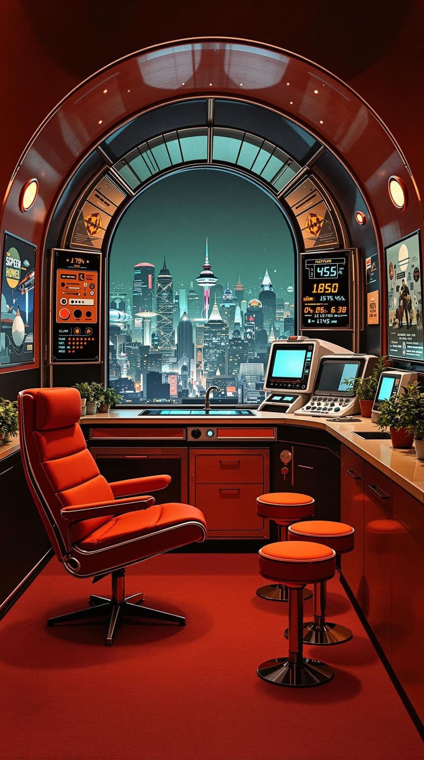 Retro-Futuristic Kitchen with Neon City View
