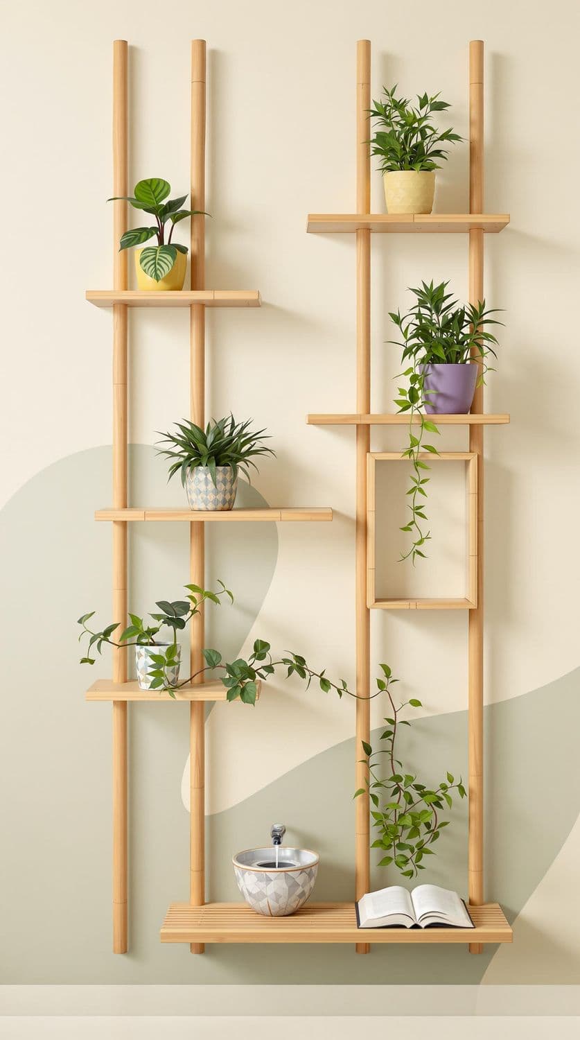 Tranquil Bamboo Shelves with Water Fountain