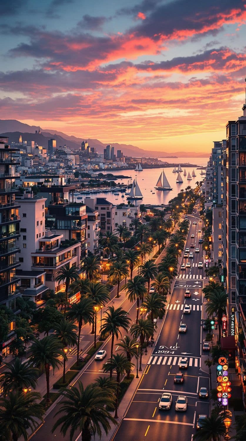 Coastal City at Sunset