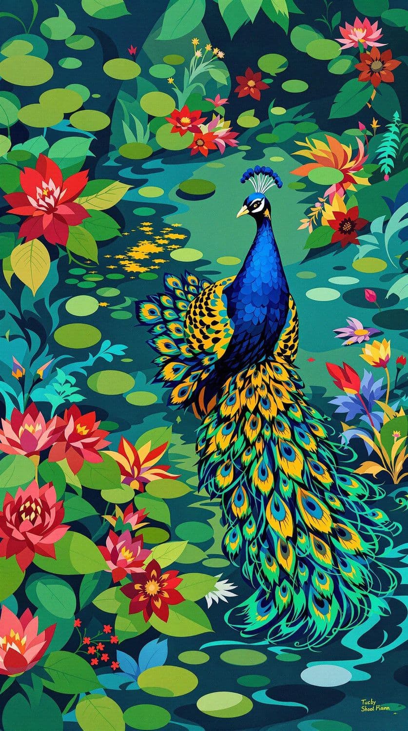 Peacock in Exotic Garden