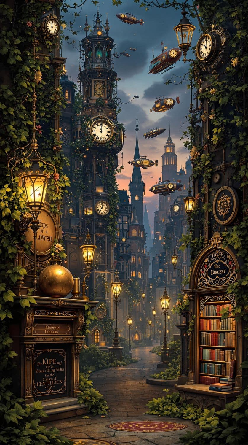 Steampunk Cityscape at Dusk