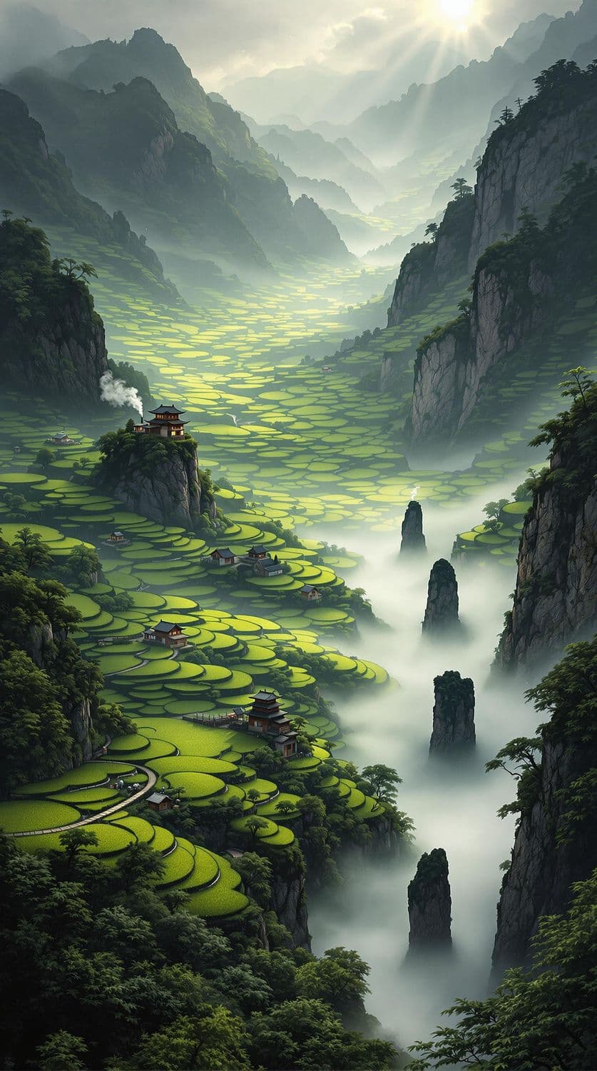 Misty Valley of Rice Terraces