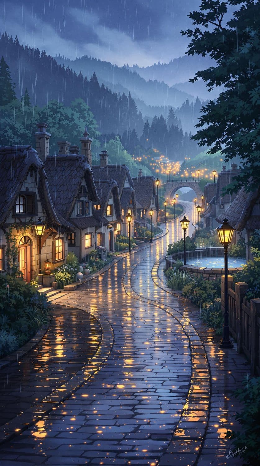 Rainy Village Evening