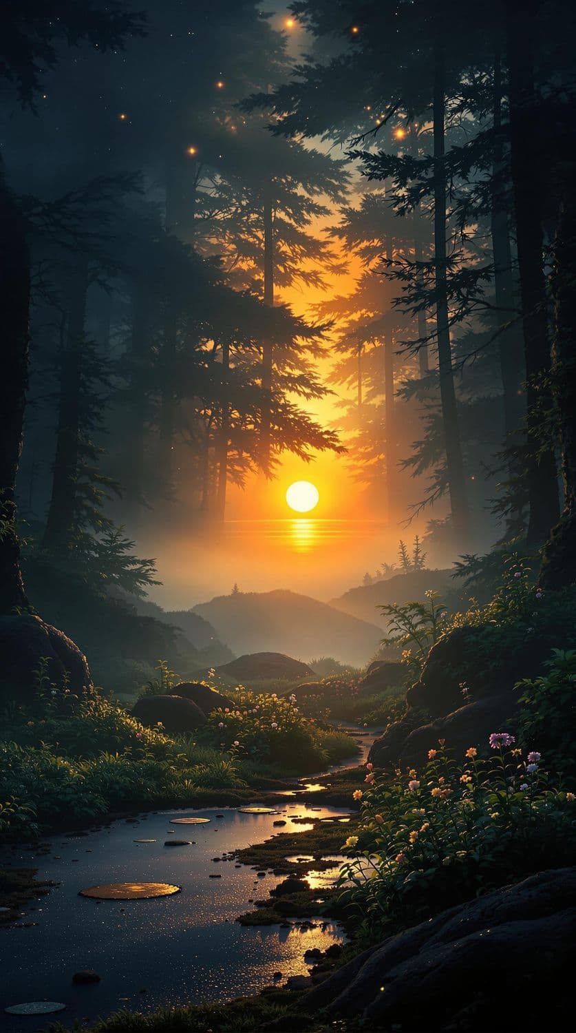 Sunrise in the Foggy Forest