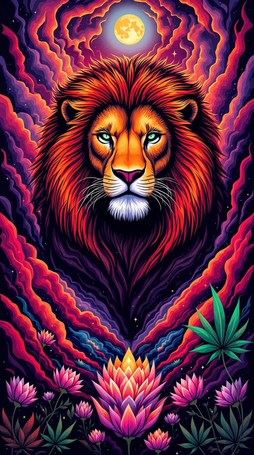 Fiery Lion in a Surreal Sky