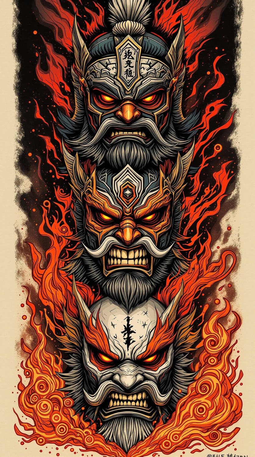 Ancient Warrior Masks Amidst Battle