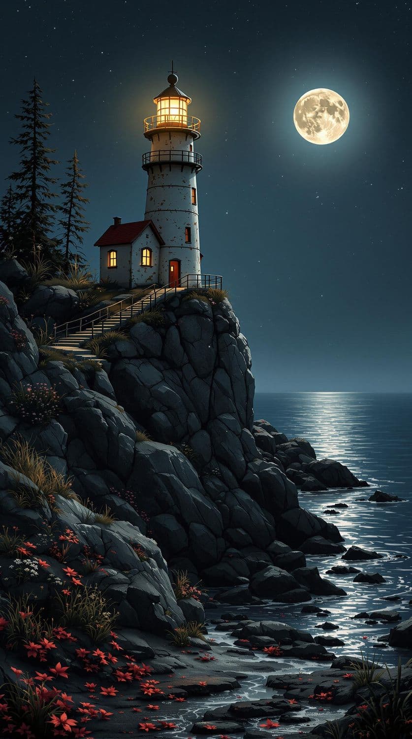 Moonlit Lighthouse by the Sea
