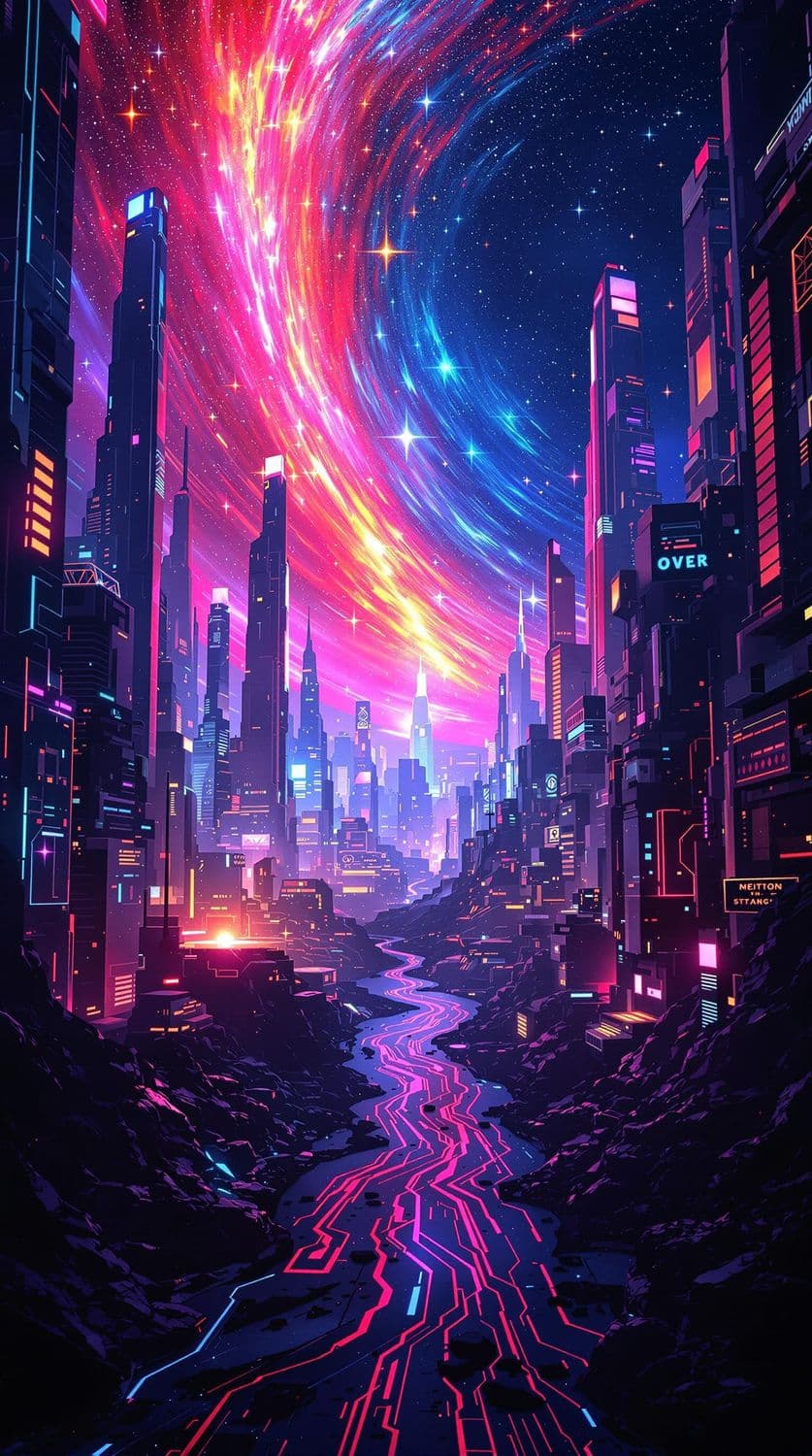 Neon Metropolis Under Cosmic Skies