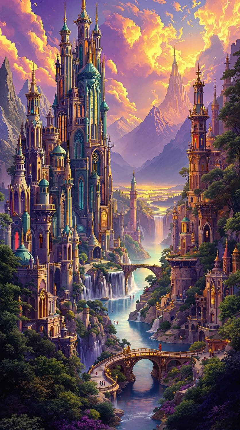 Enchanted Neo-Gothic Waterfall City