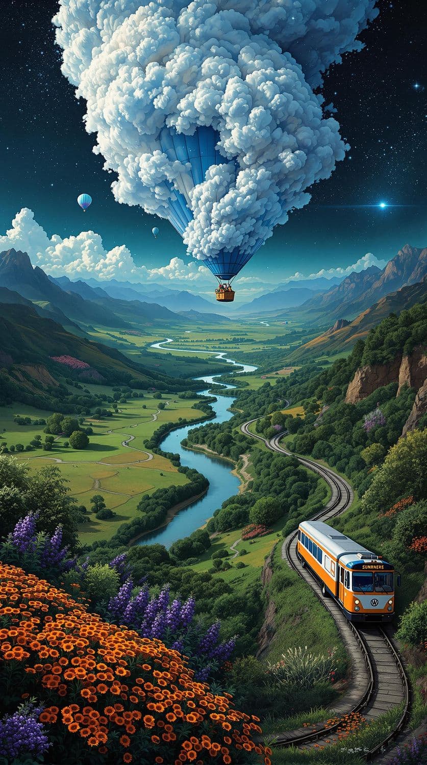 Balloon Over River Valley