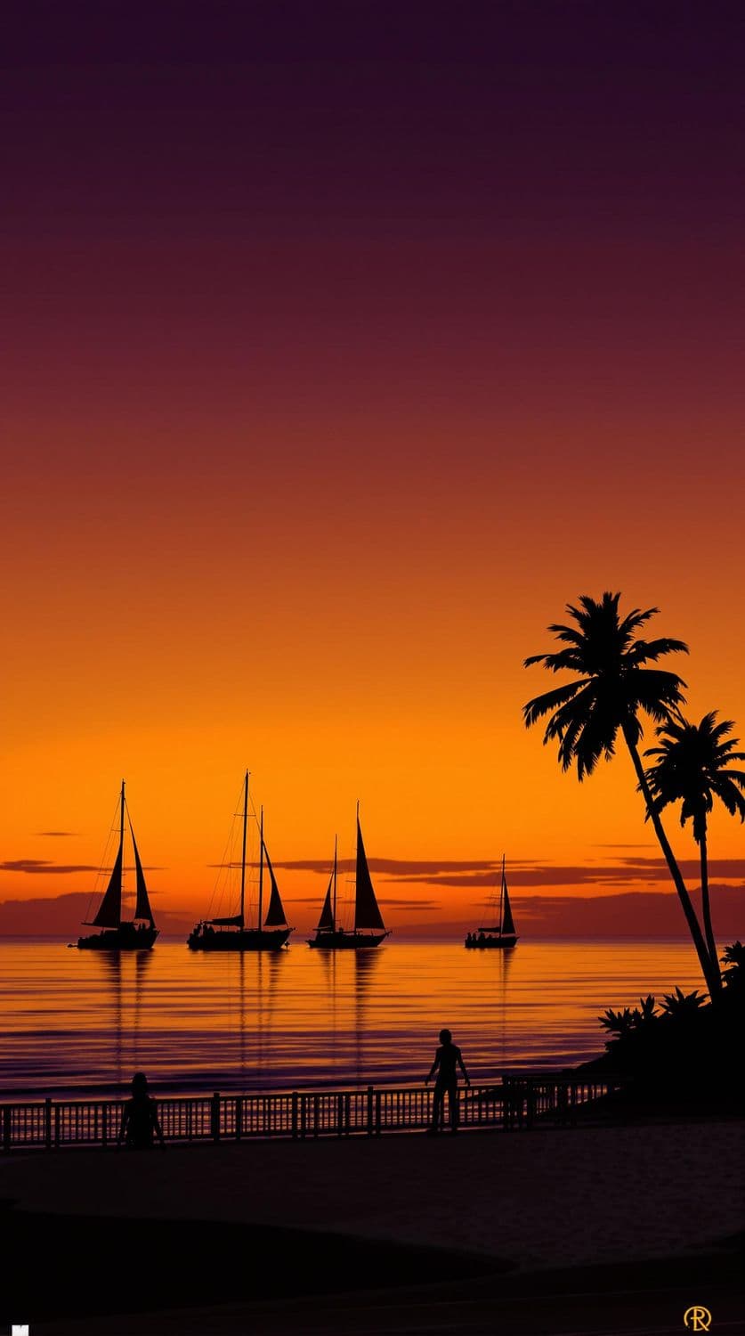 Silhouetted Sailboats at Dusk