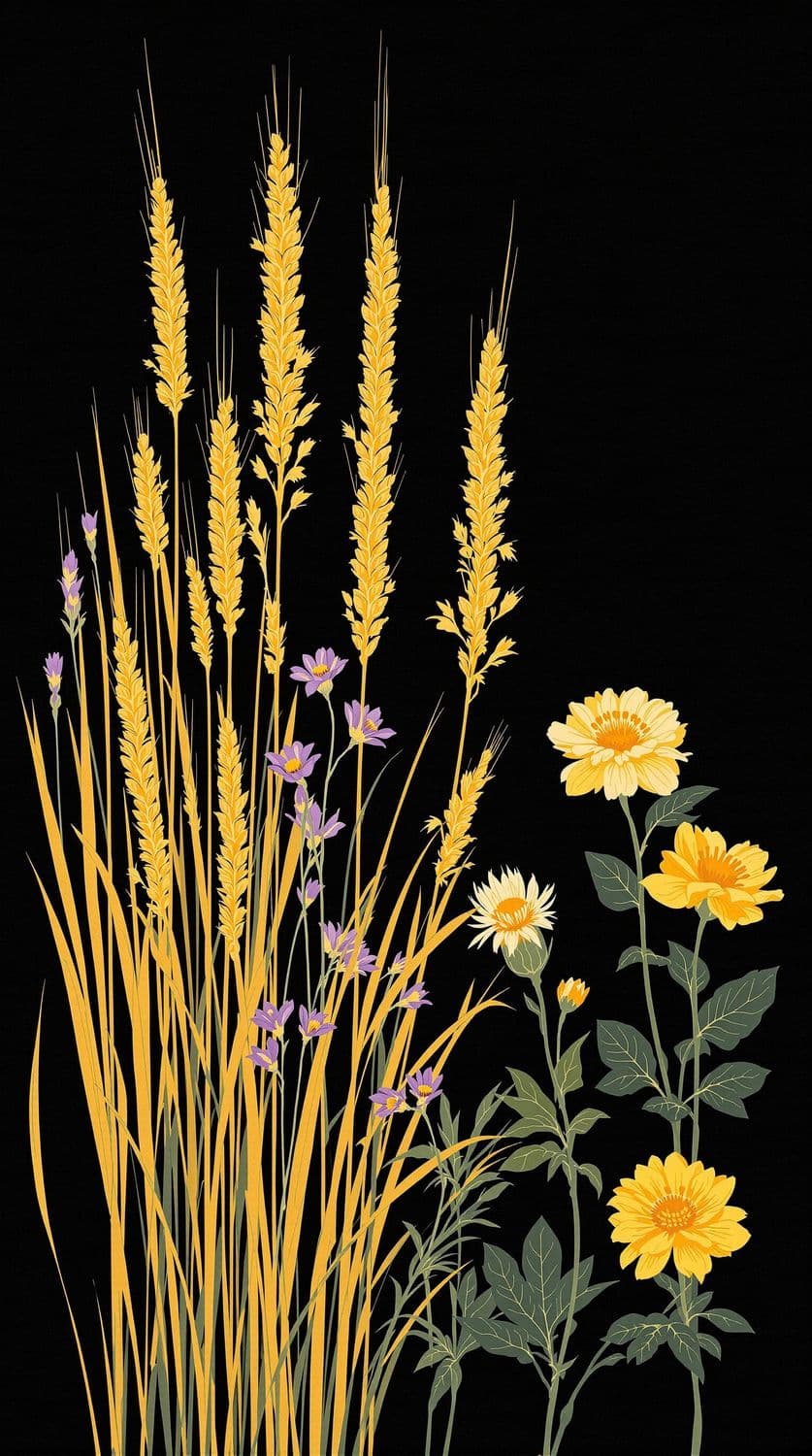 Golden Wheat and Purple Blooms