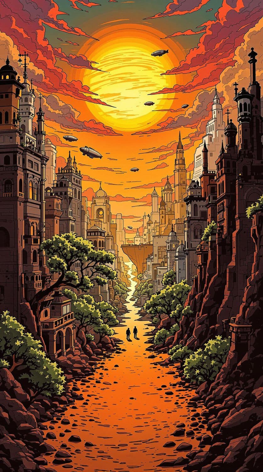 Dusk Over Steampunk City