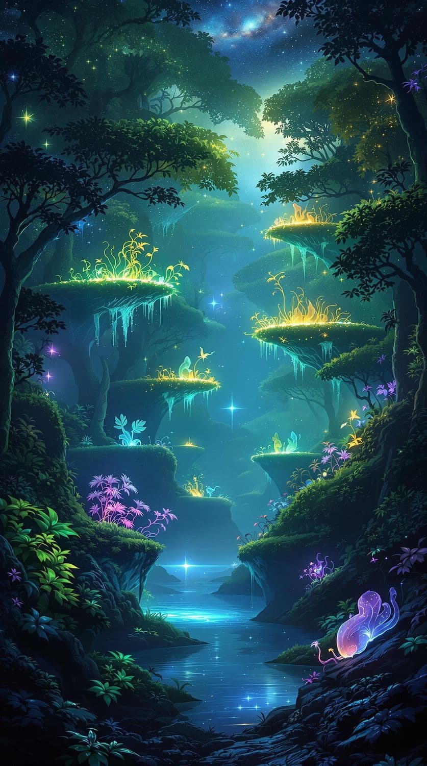 Bioluminescent Forest Under the Stars