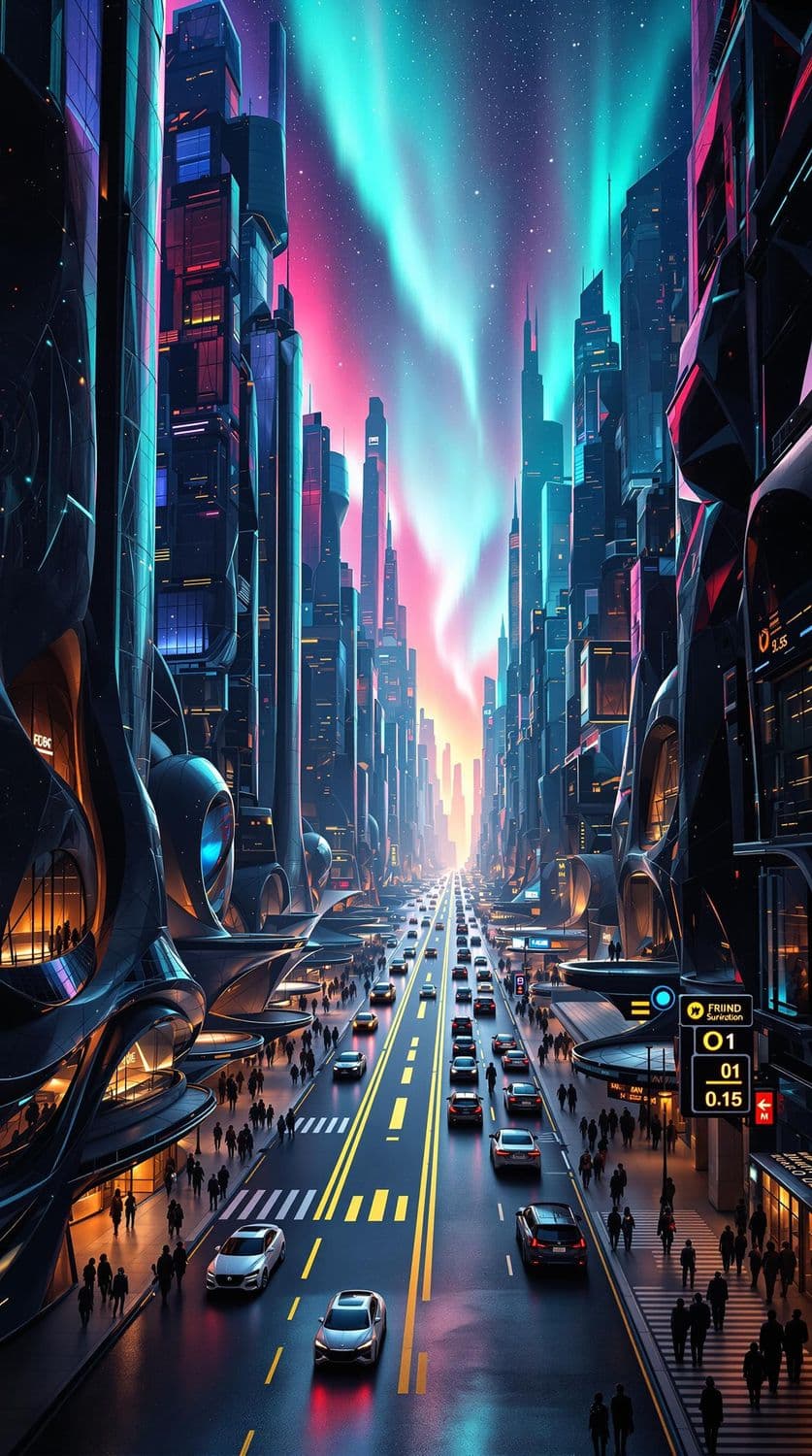 Aurora Borealis Over a Futuristic City