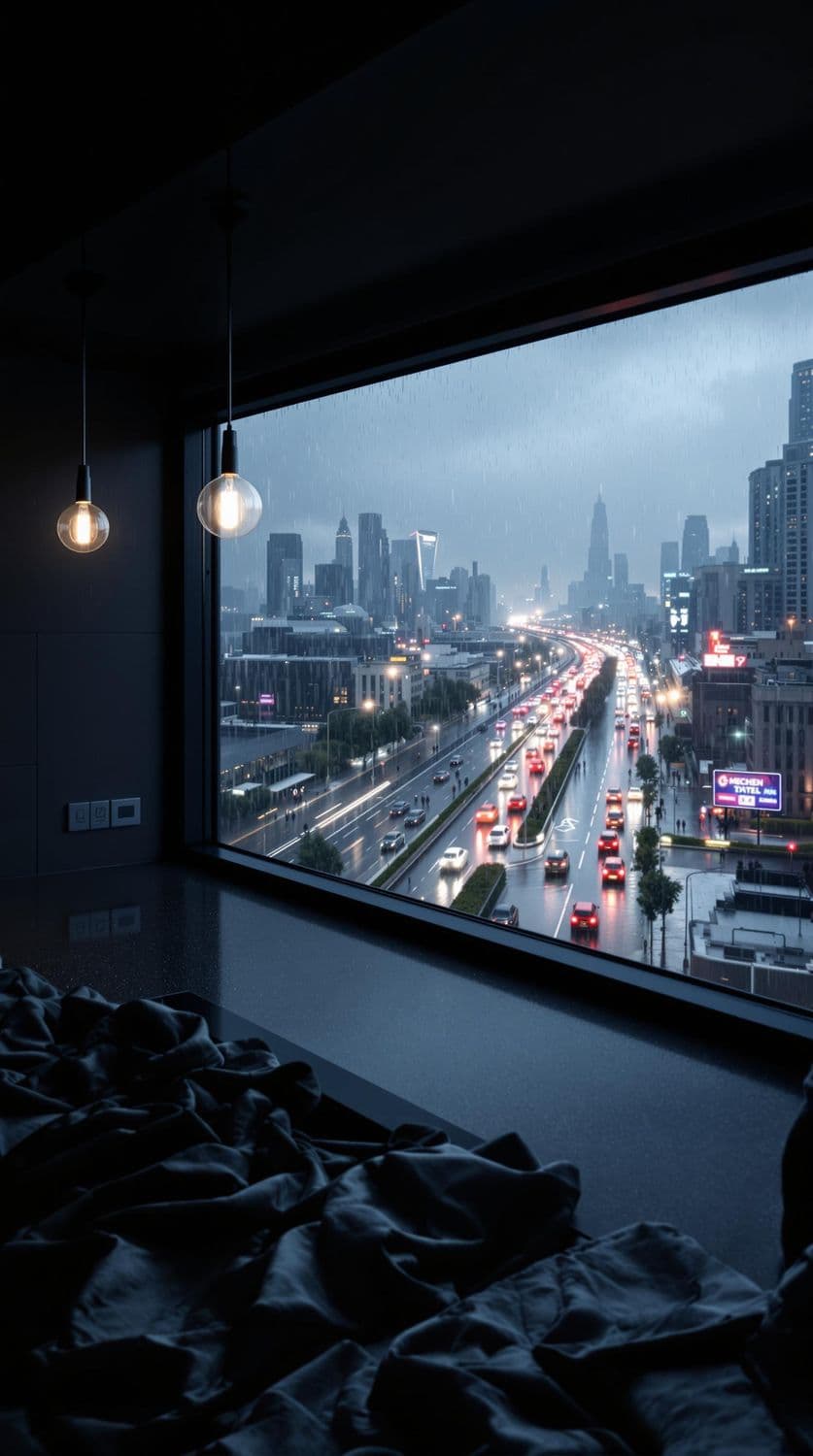 Rainy Cityscape from a Modern Kitchen