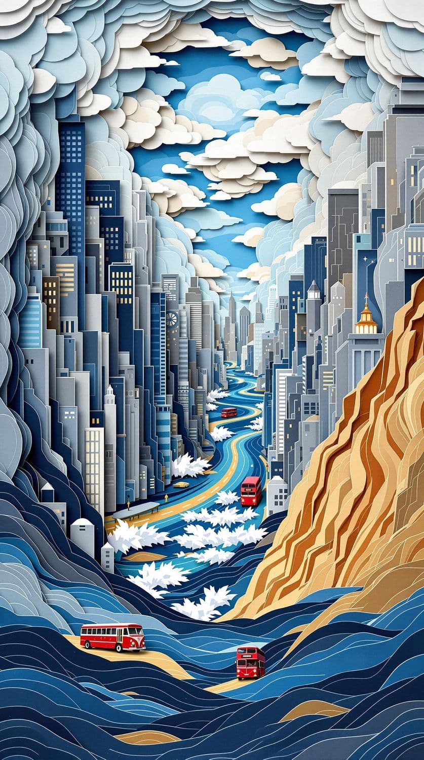 Layered Paper-Cut Urban Energy