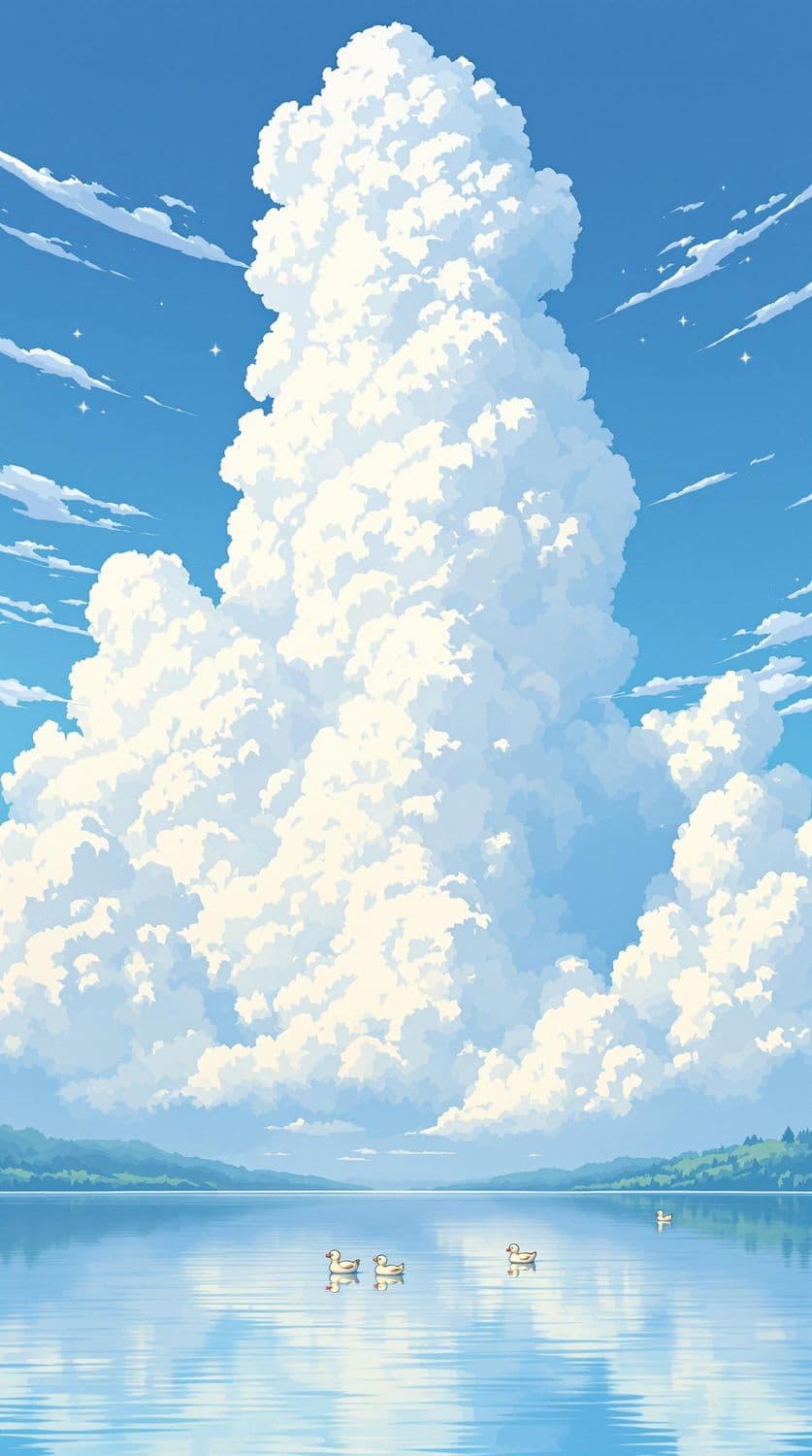 Lakeside Tranquility with Fluffy Clouds