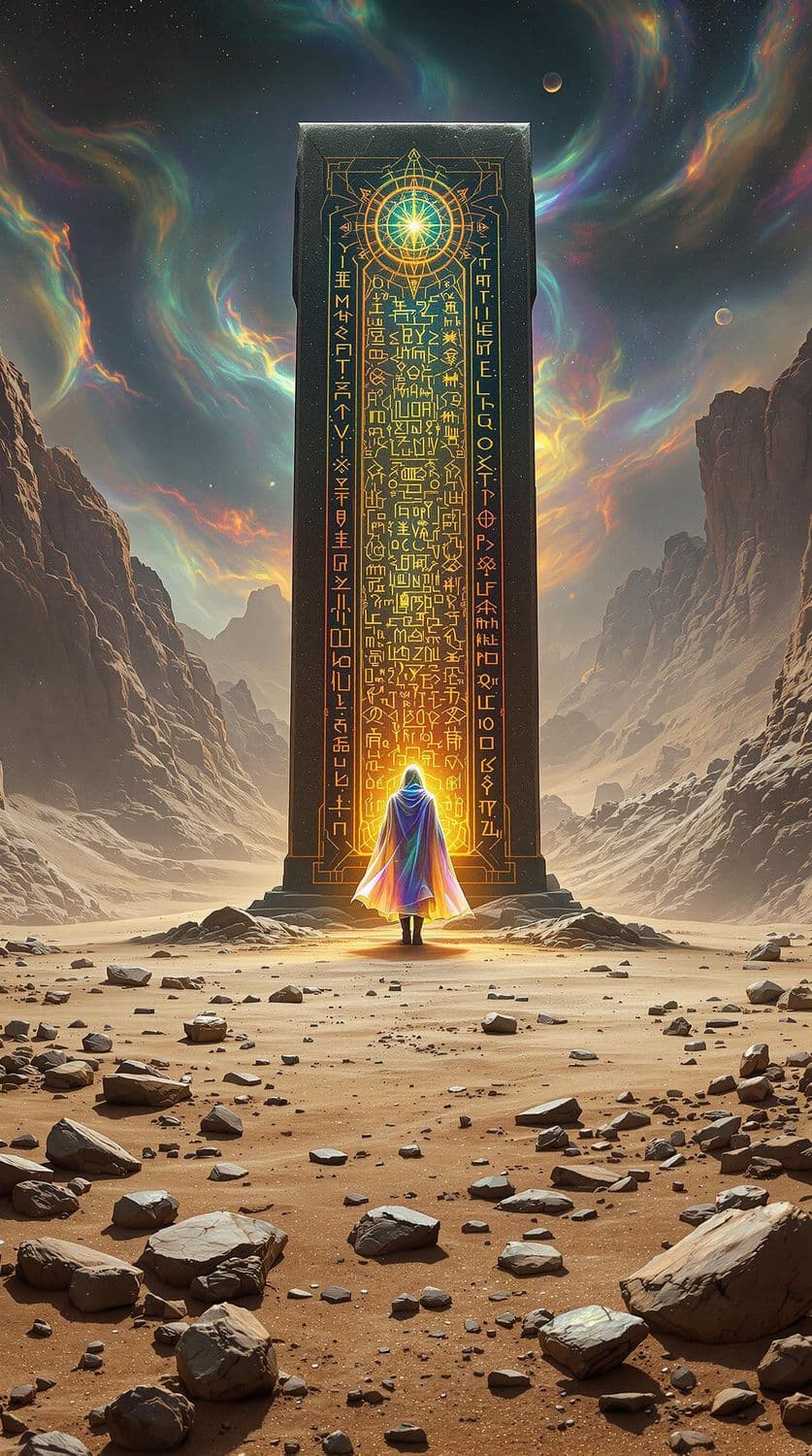 Mystical Figure and Ancient Monolith