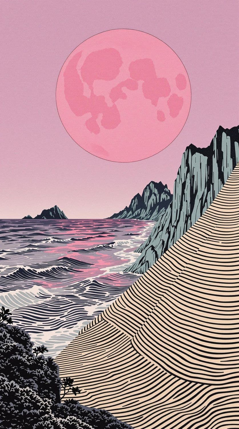 Surreal Seascape with Pink Moon