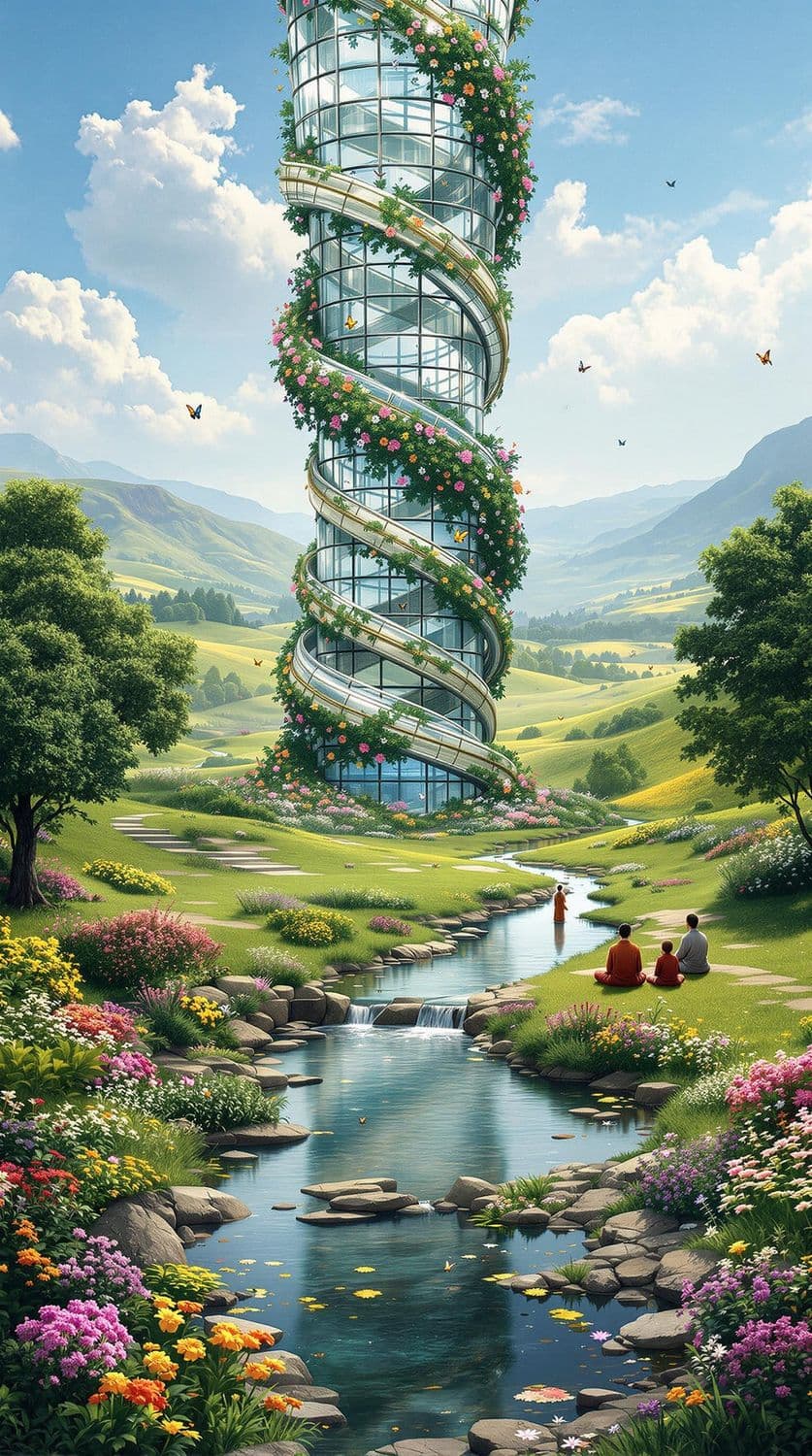 Spiral Tower in a Tranquil Meadow