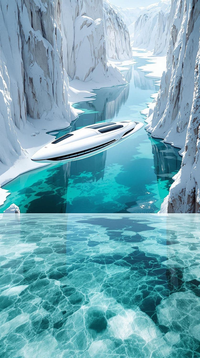 Futuristic Hovercraft Over Icy Canyon
