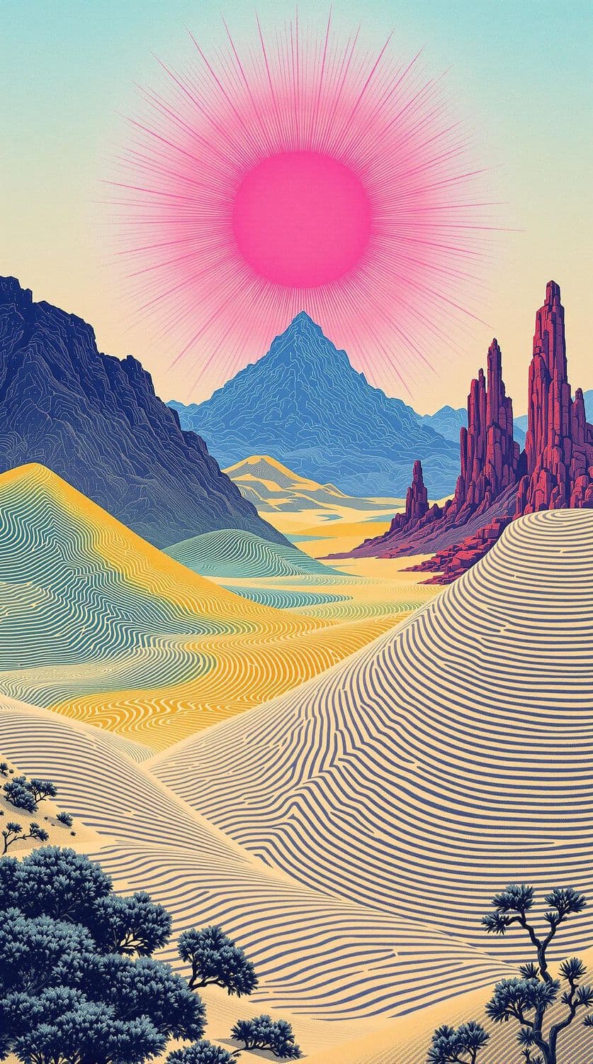 Pink Starburst Over Desert Dunes