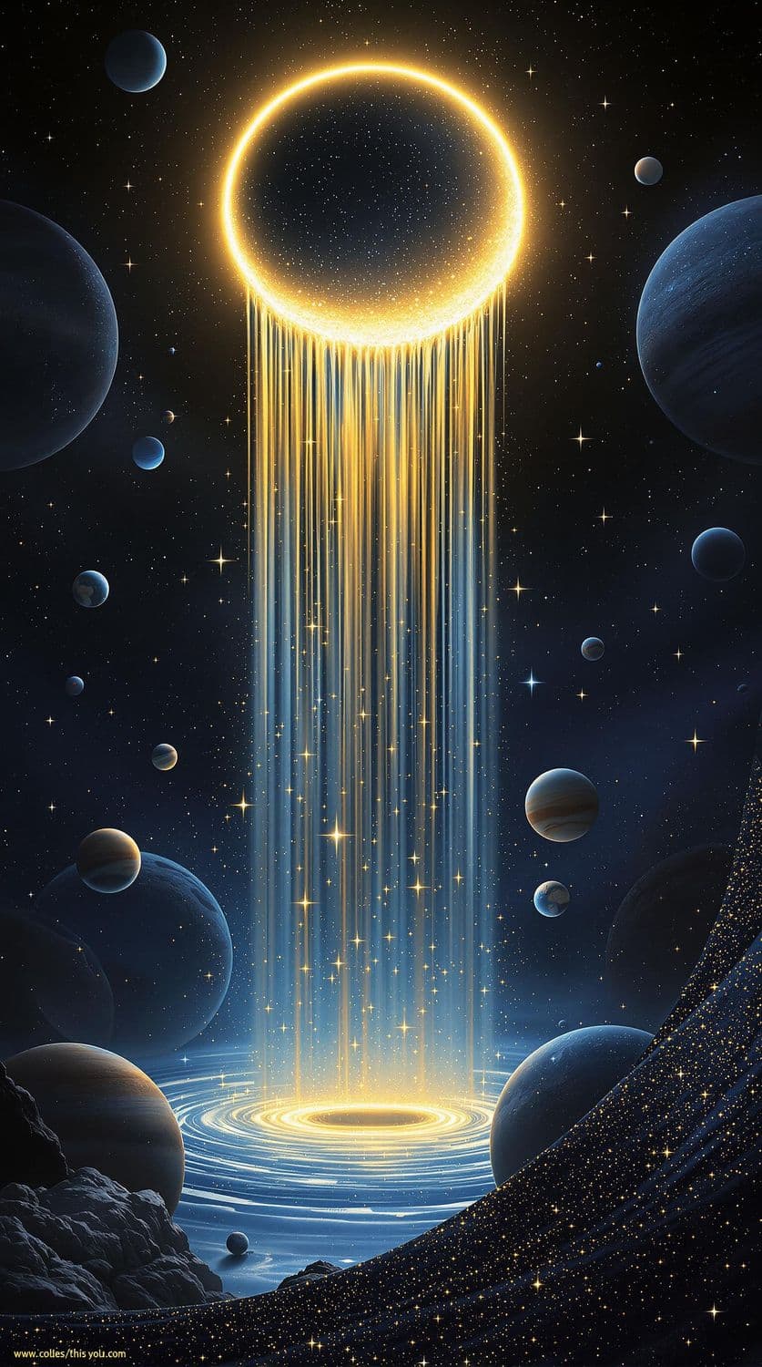 Majestic Cosmic Waterfall from a Golden Crescent Moon