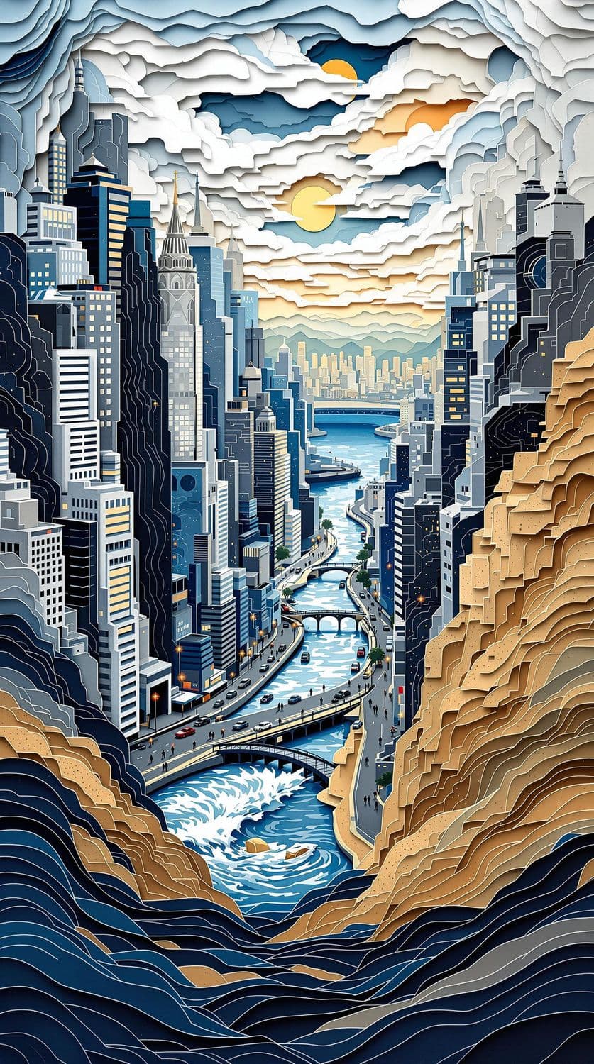 Layered Paper-Cut Urban Symphony