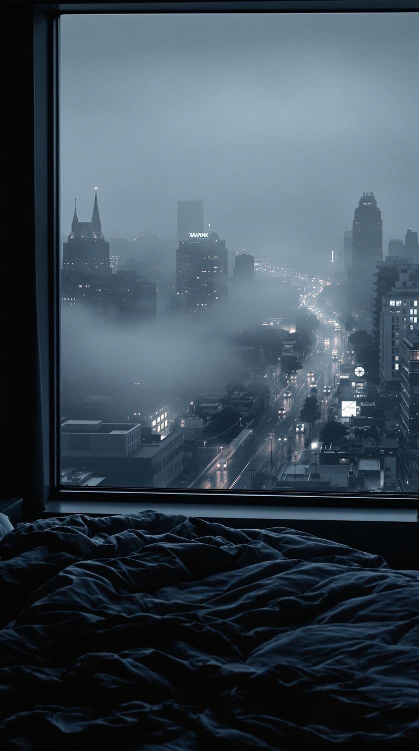 Foggy Twilight Cityscape from a Modern Bedroom