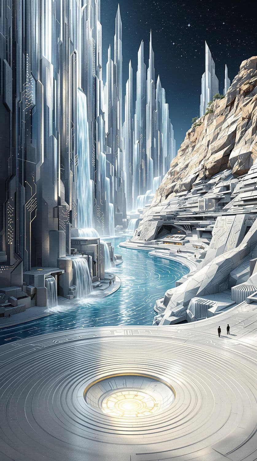 Futuristic Waterfall Cityscape