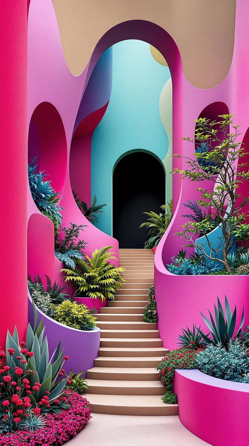 Magenta and Cyan Flowing Walls with Greenery