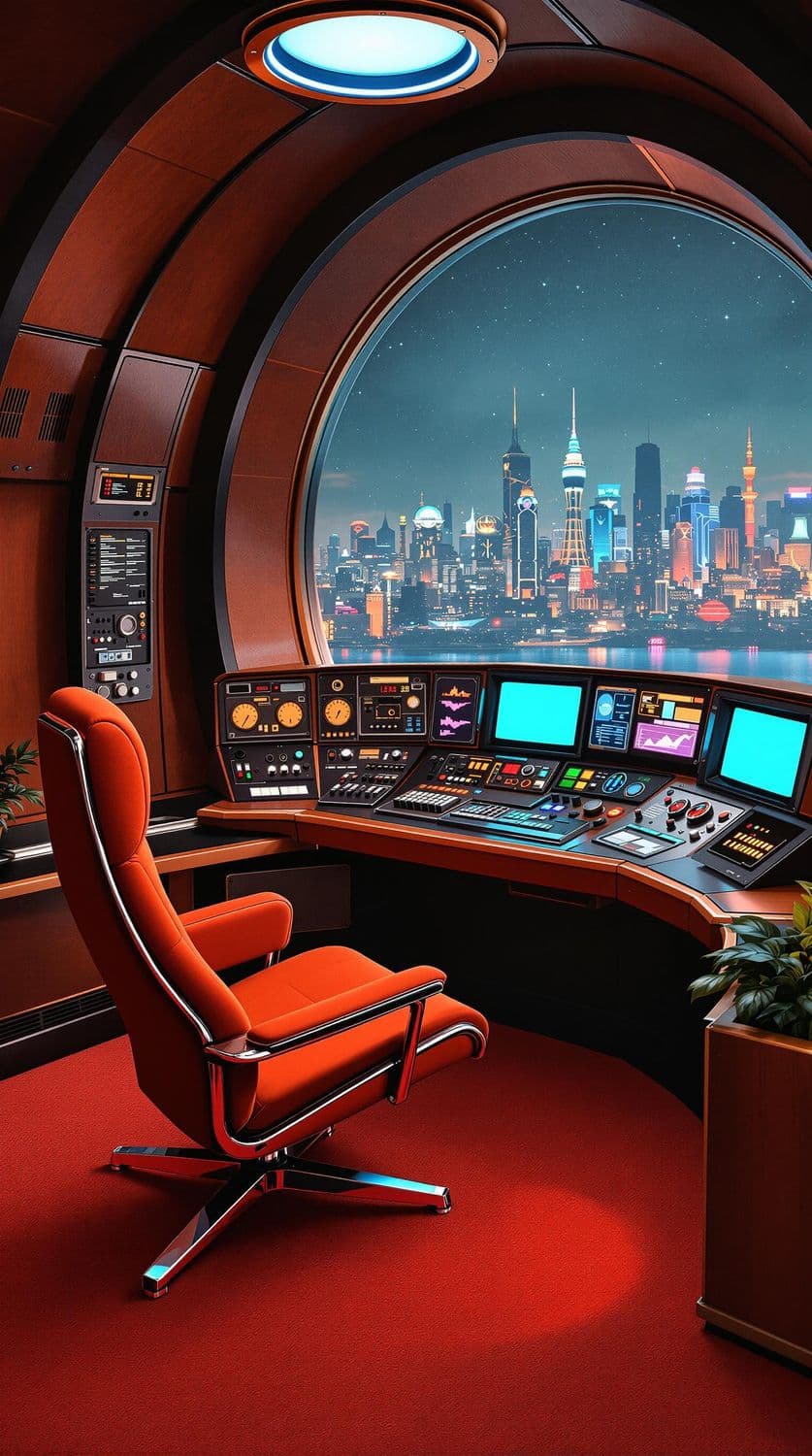 Retro Control Hub with Futuristic Cityscape