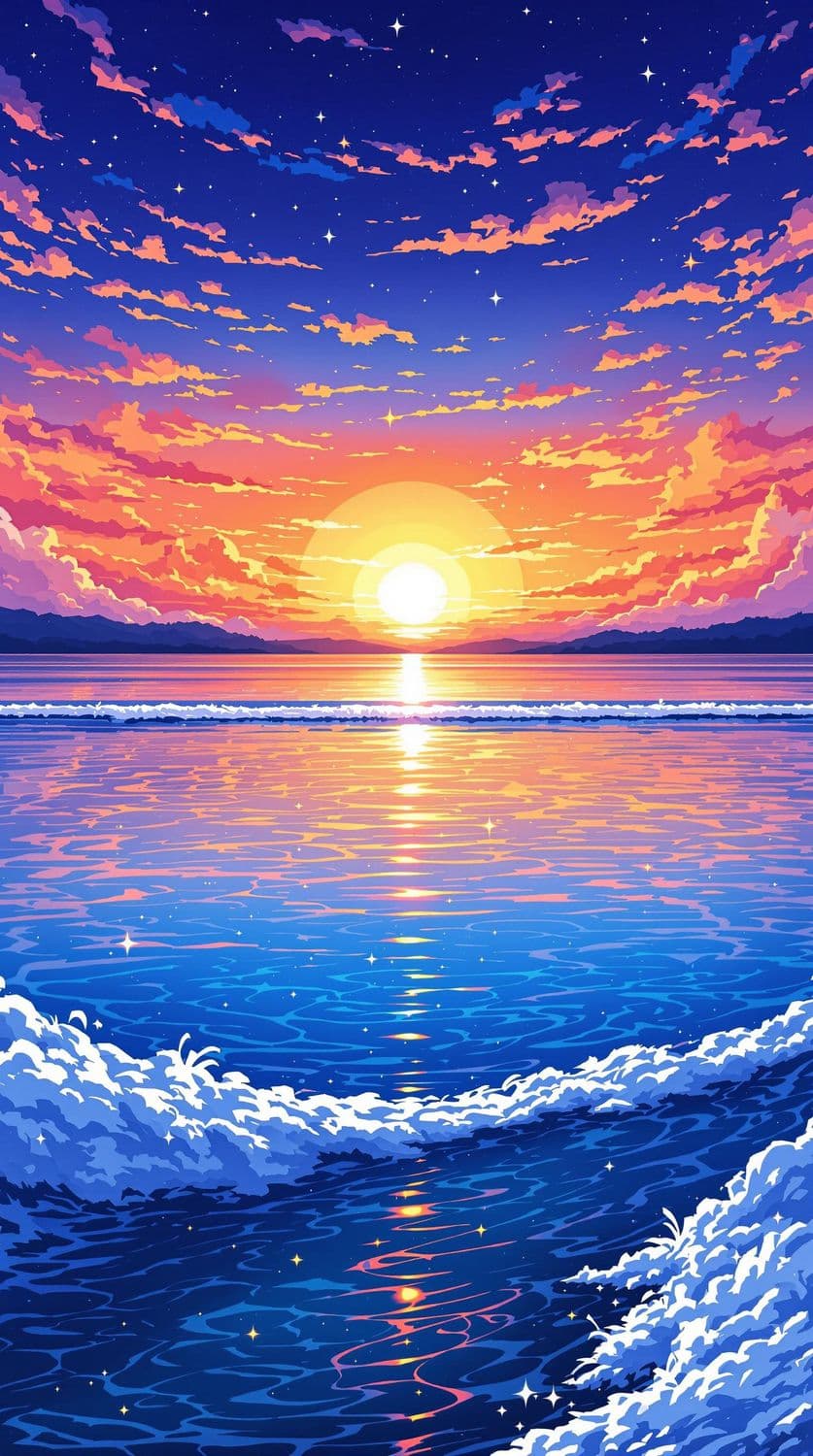 Anime Sunset Over Tranquil Lake