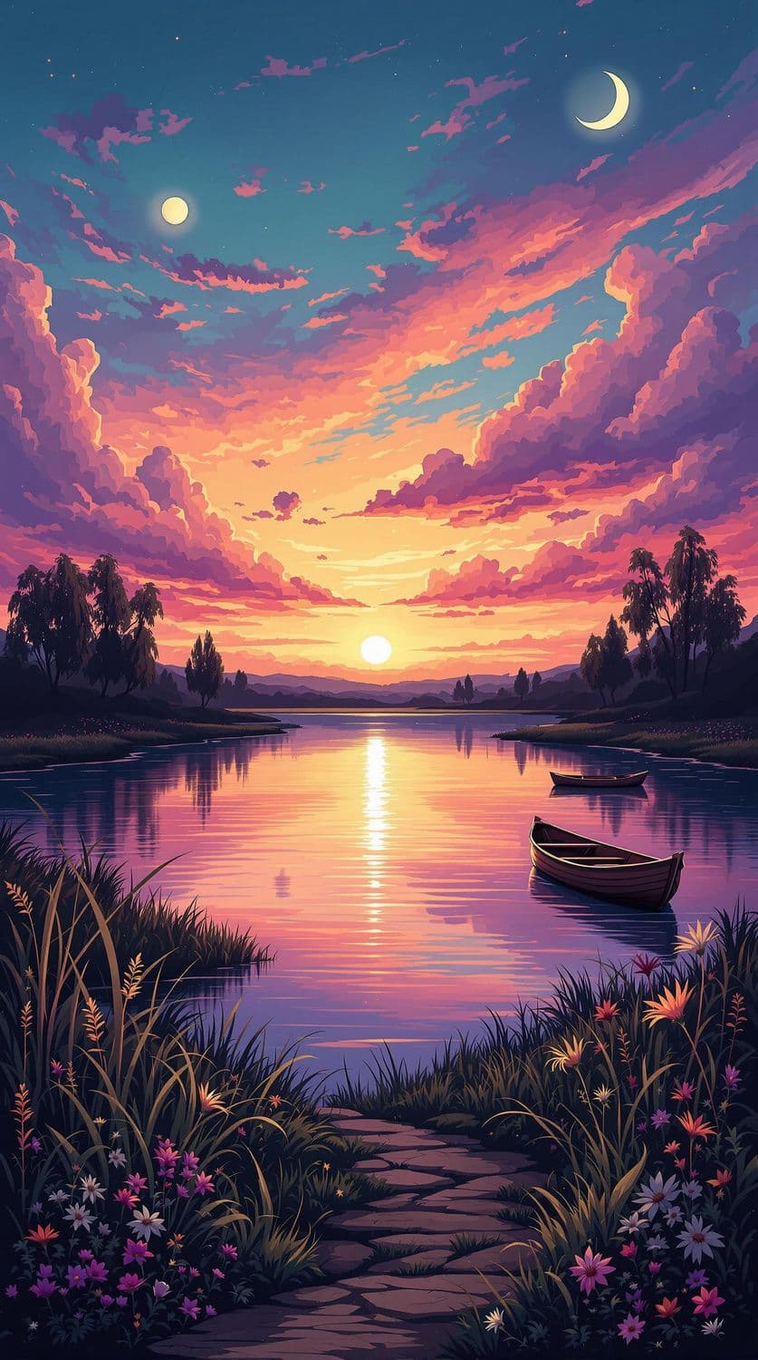 Sunset by the Riverside Meadow