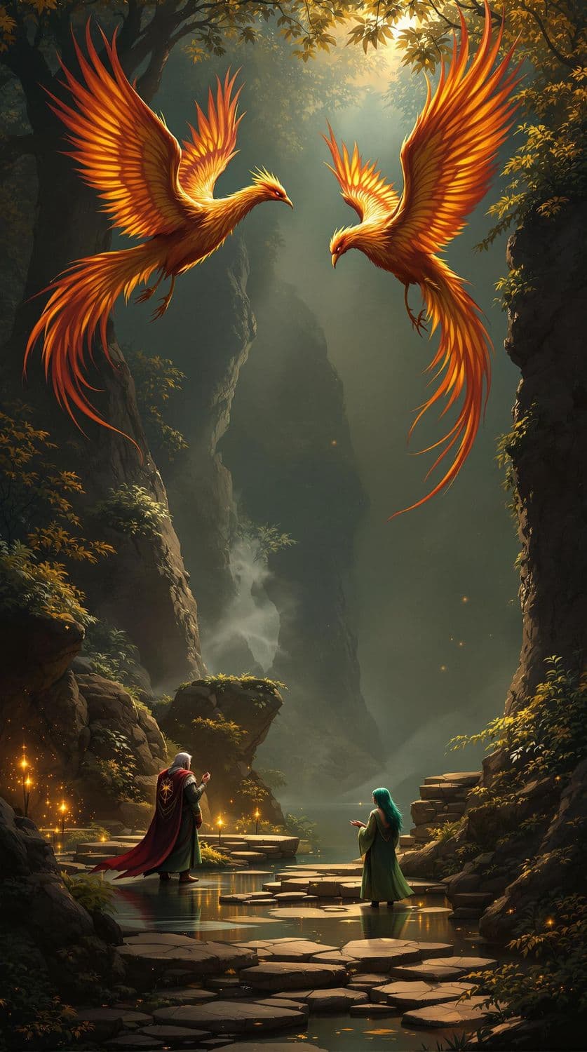 Enchanted Glade with Soaring Phoenixes